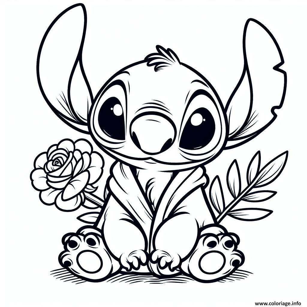 Dessin stitch tenant une rose Coloriage Gratuit à Imprimer