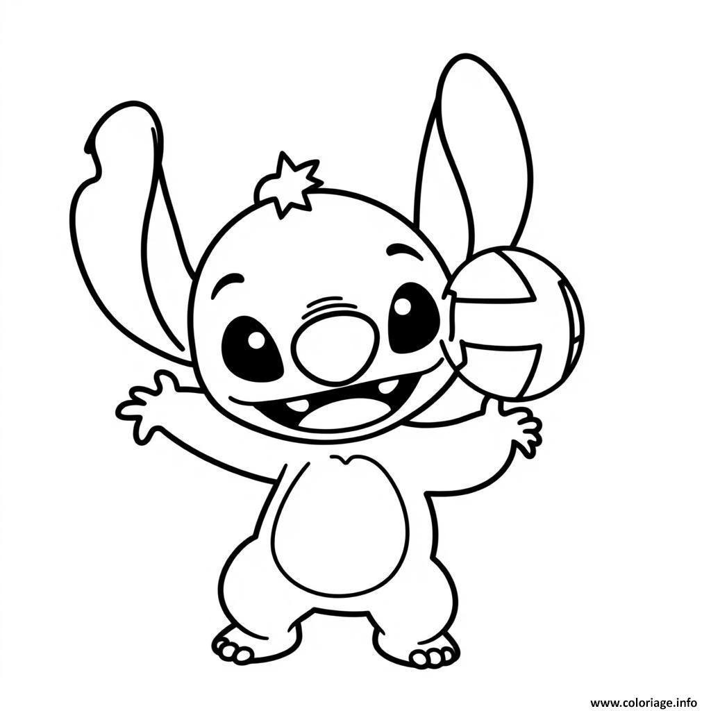 Dessin stitch tenant un ballon de plage facile Coloriage Gratuit à Imprimer