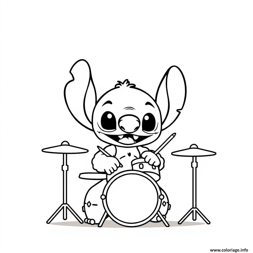 Dessin stitch jouant de la batterie facile Coloriage Gratuit à Imprimer