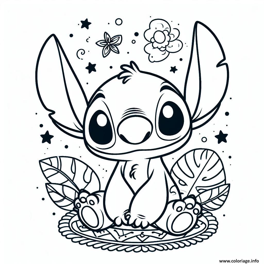 Dessin stitch assis avec des fleurs et des etoiles facile Coloriage Gratuit à Imprimer