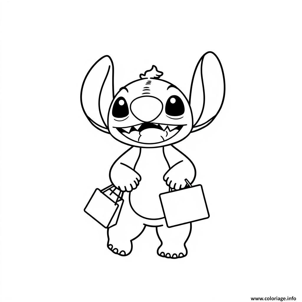 Dessin stitch avec des sacs de shopping Coloriage Gratuit à Imprimer