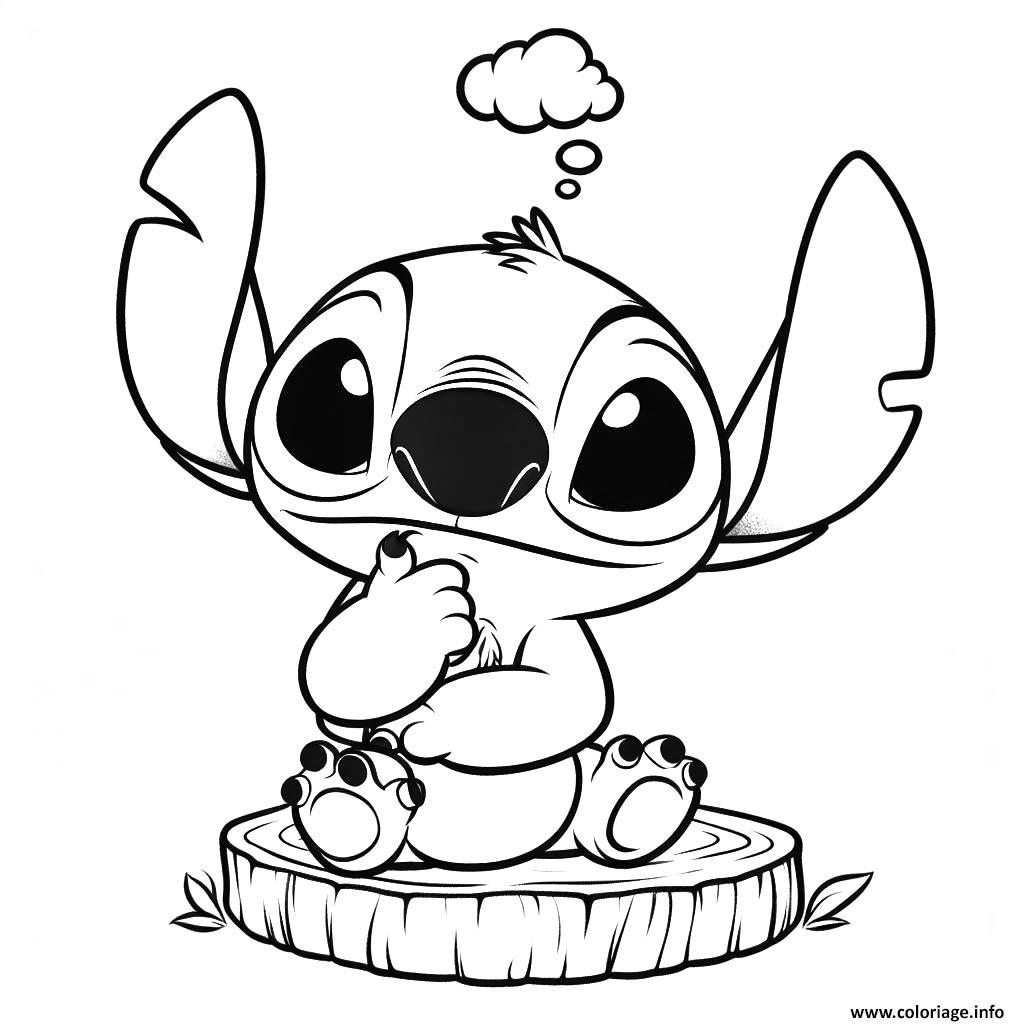 Dessin stitch pensif sur souche arbre Coloriage Gratuit à Imprimer