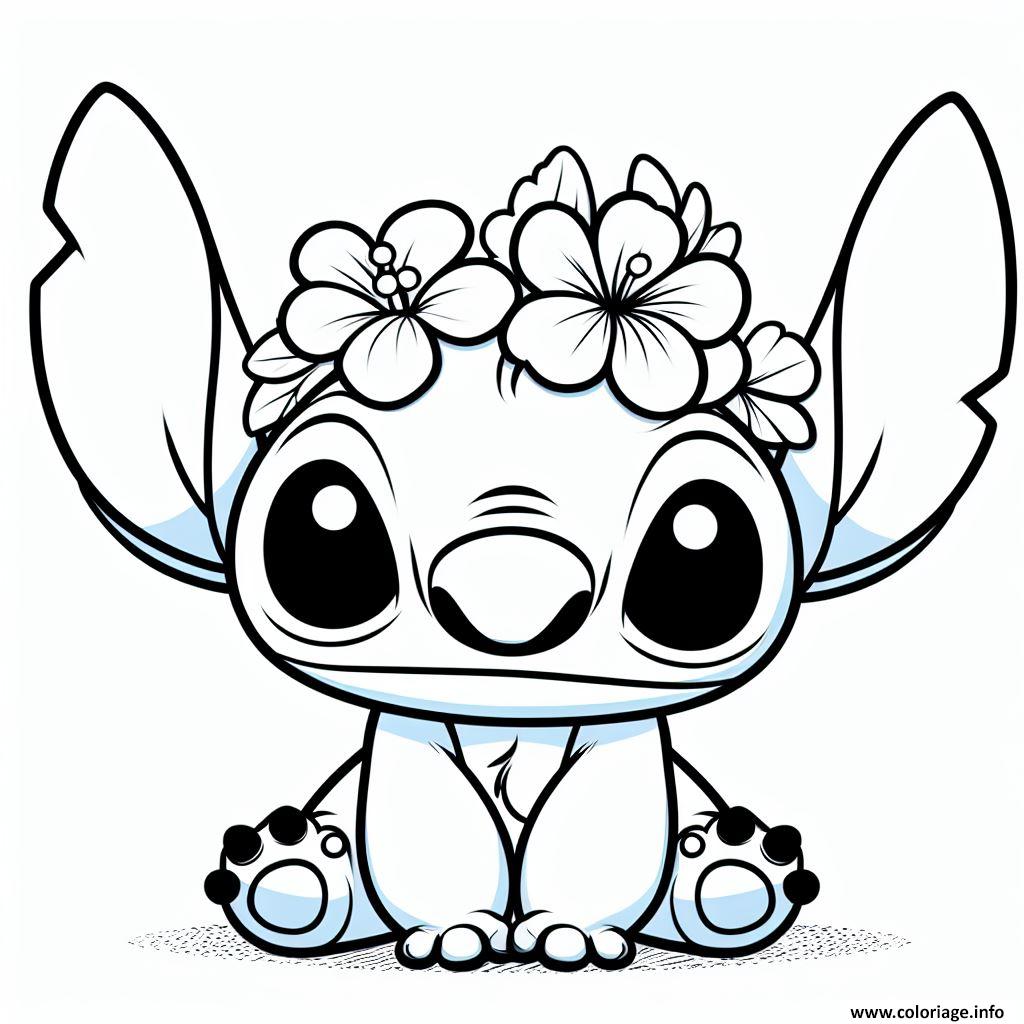 Dessin stitch avec couronne de fleurs Coloriage Gratuit à Imprimer