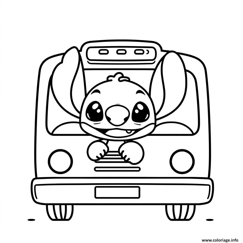 Dessin stitch mignon conduit bus Coloriage Gratuit à Imprimer