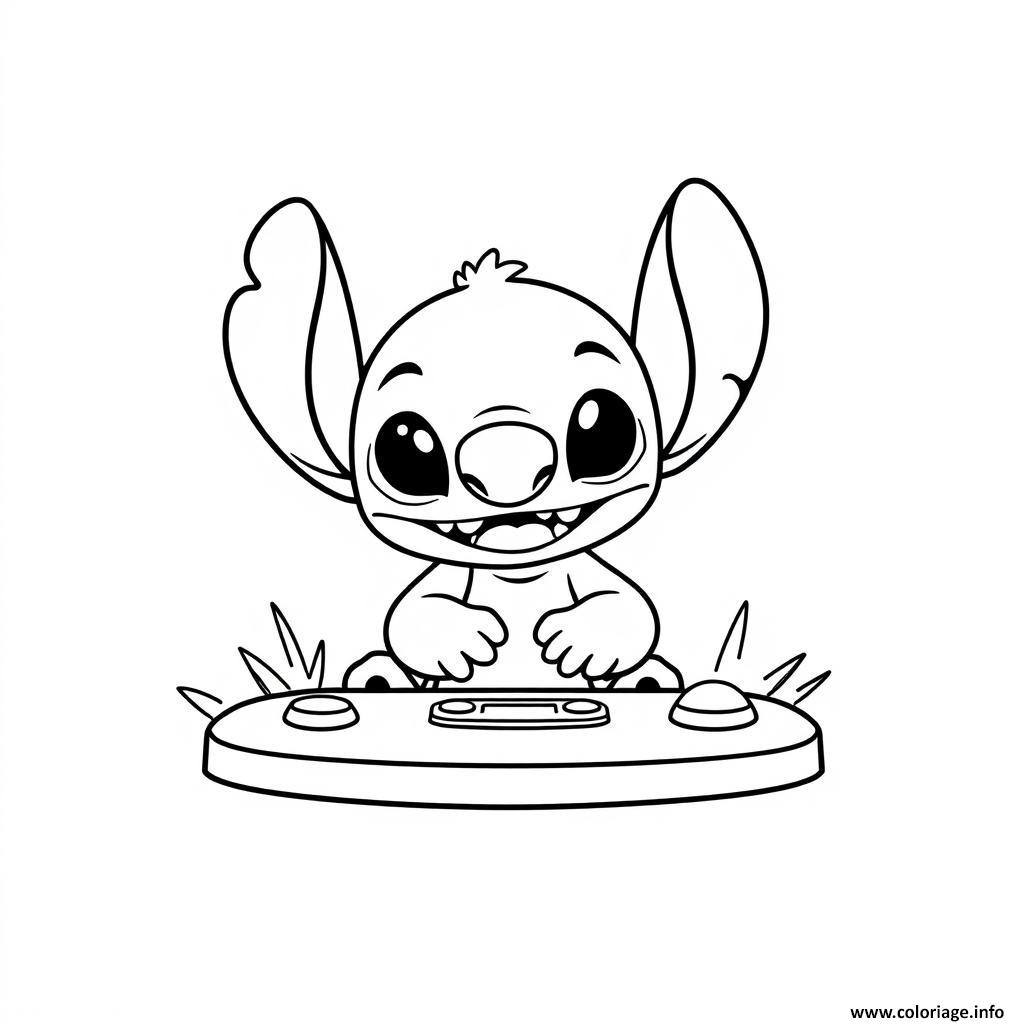 Dessin stitch mignon jouant avec une console de jeu Coloriage Gratuit à Imprimer