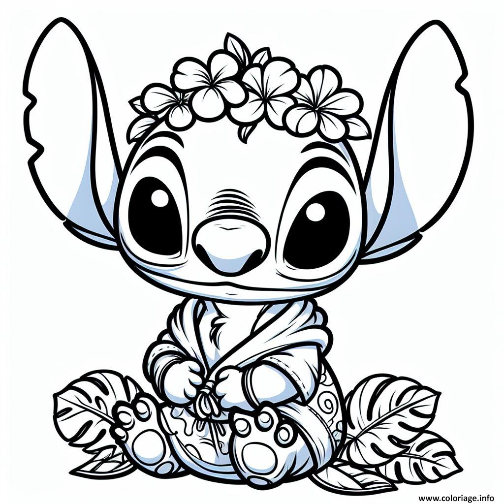 Dessin stitch en guirlande de fleurs tropical Coloriage Gratuit à Imprimer