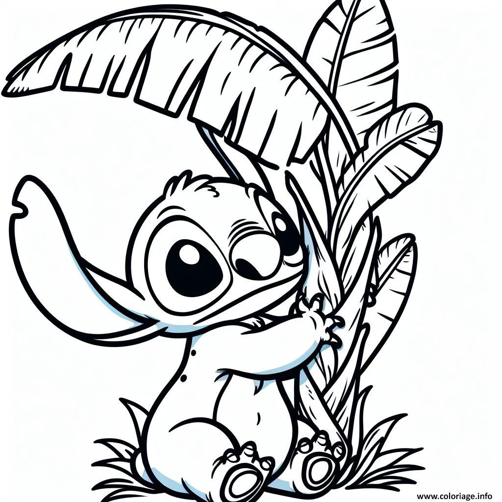 Dessin stitch mignon samusant avec une feuille de palmier Coloriage Gratuit à Imprimer