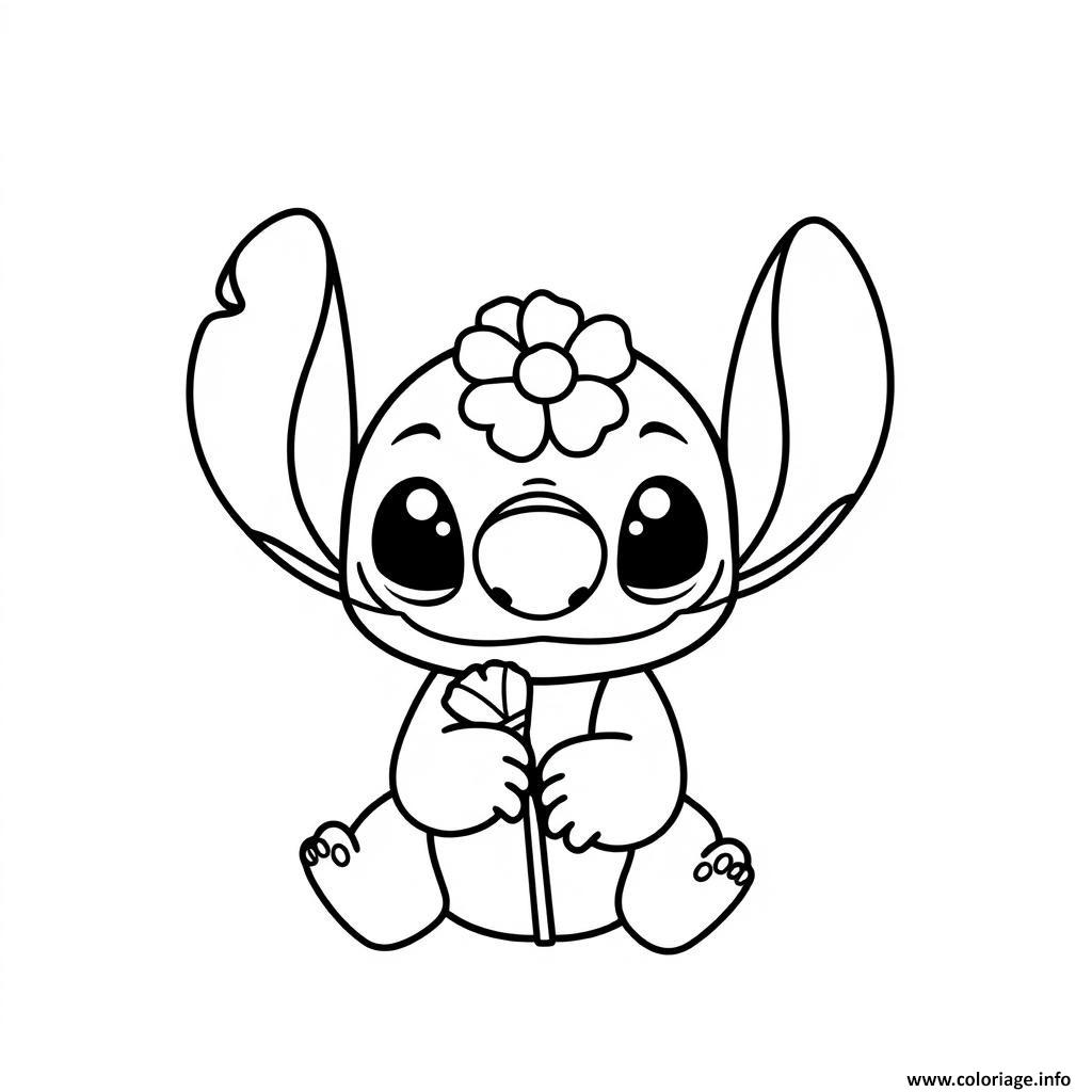 Dessin stitch tenant une fleur 3 Coloriage Gratuit à Imprimer