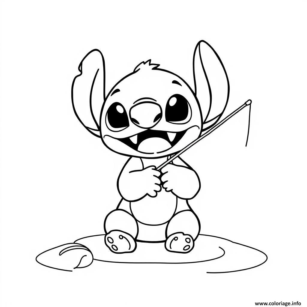 Dessin stitch avec une canne a peche Coloriage Gratuit à Imprimer