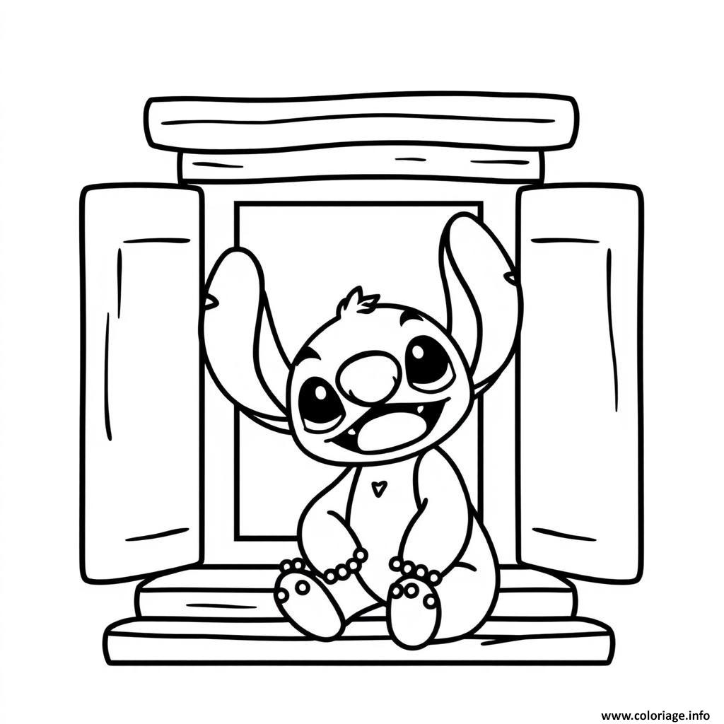 Dessin stitch mignon assis devant une colonne Coloriage Gratuit à Imprimer