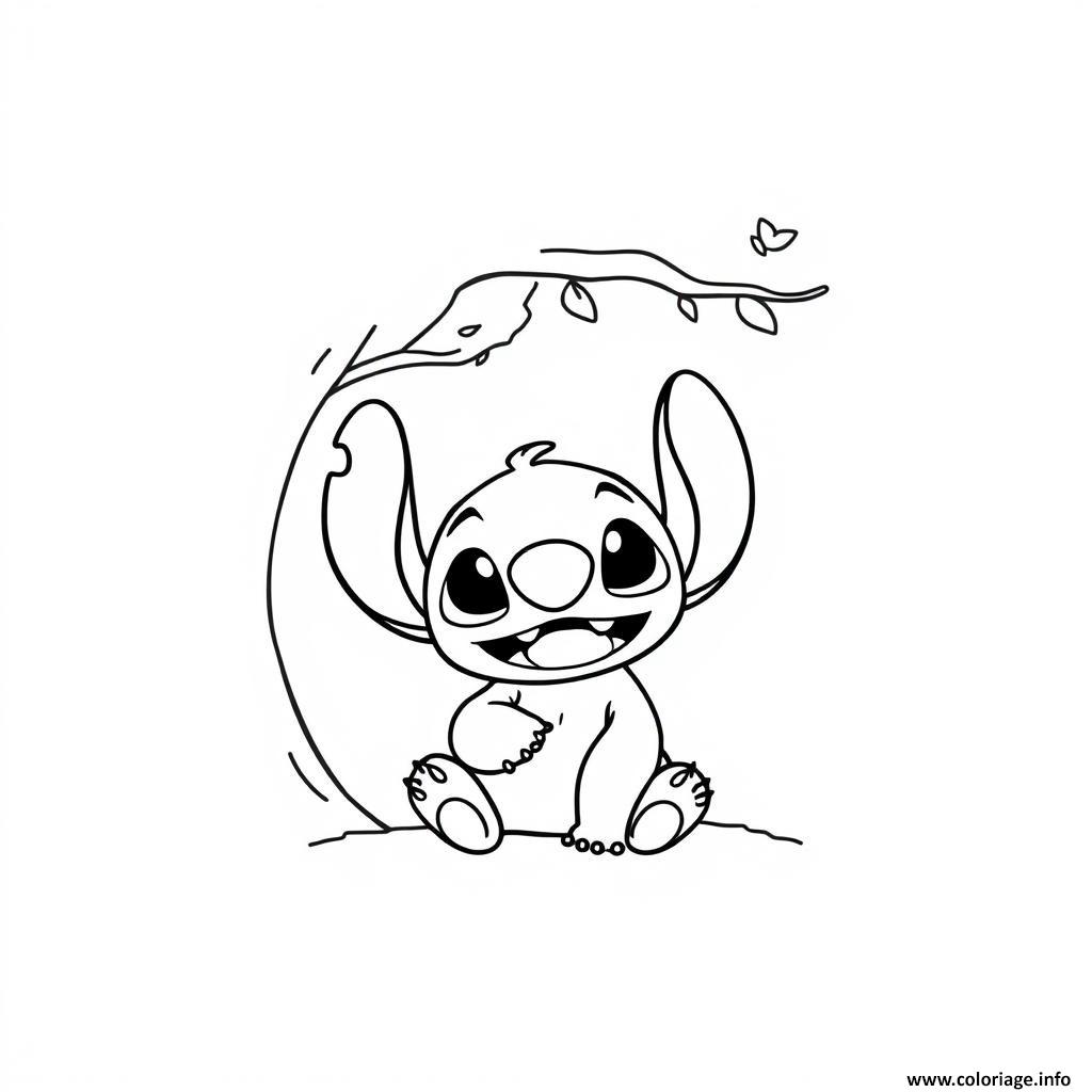 Dessin stitch mignon souriant sous branche et papillon Coloriage Gratuit à Imprimer