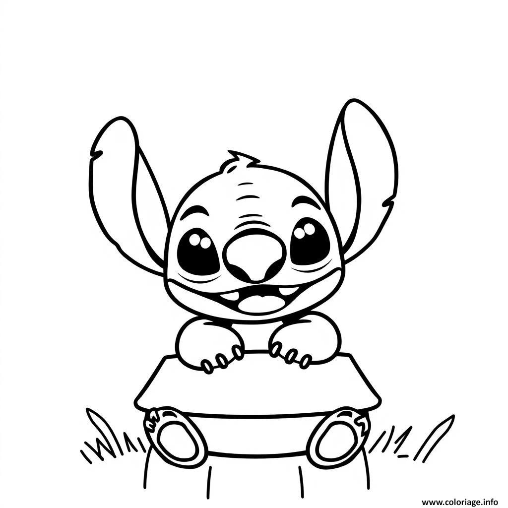 Dessin stitch mignon assis sur une valise Coloriage Gratuit à Imprimer