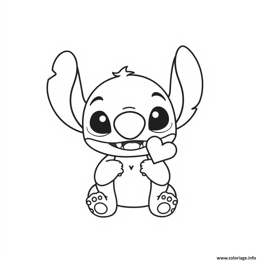 Dessin stitch mignon tenant un coeur 1 Coloriage Gratuit à Imprimer