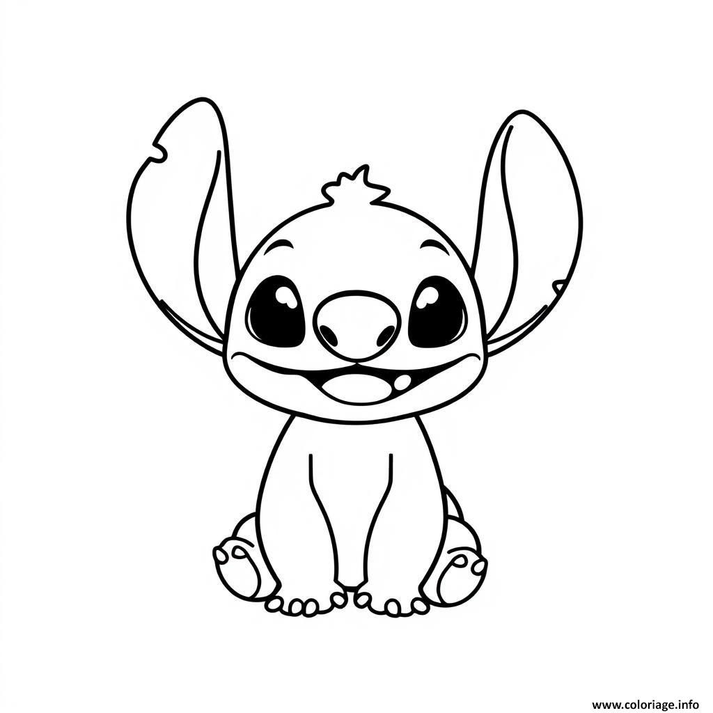 Dessin stitch mignon souriant   illustration en noir et blanc Coloriage Gratuit à Imprimer