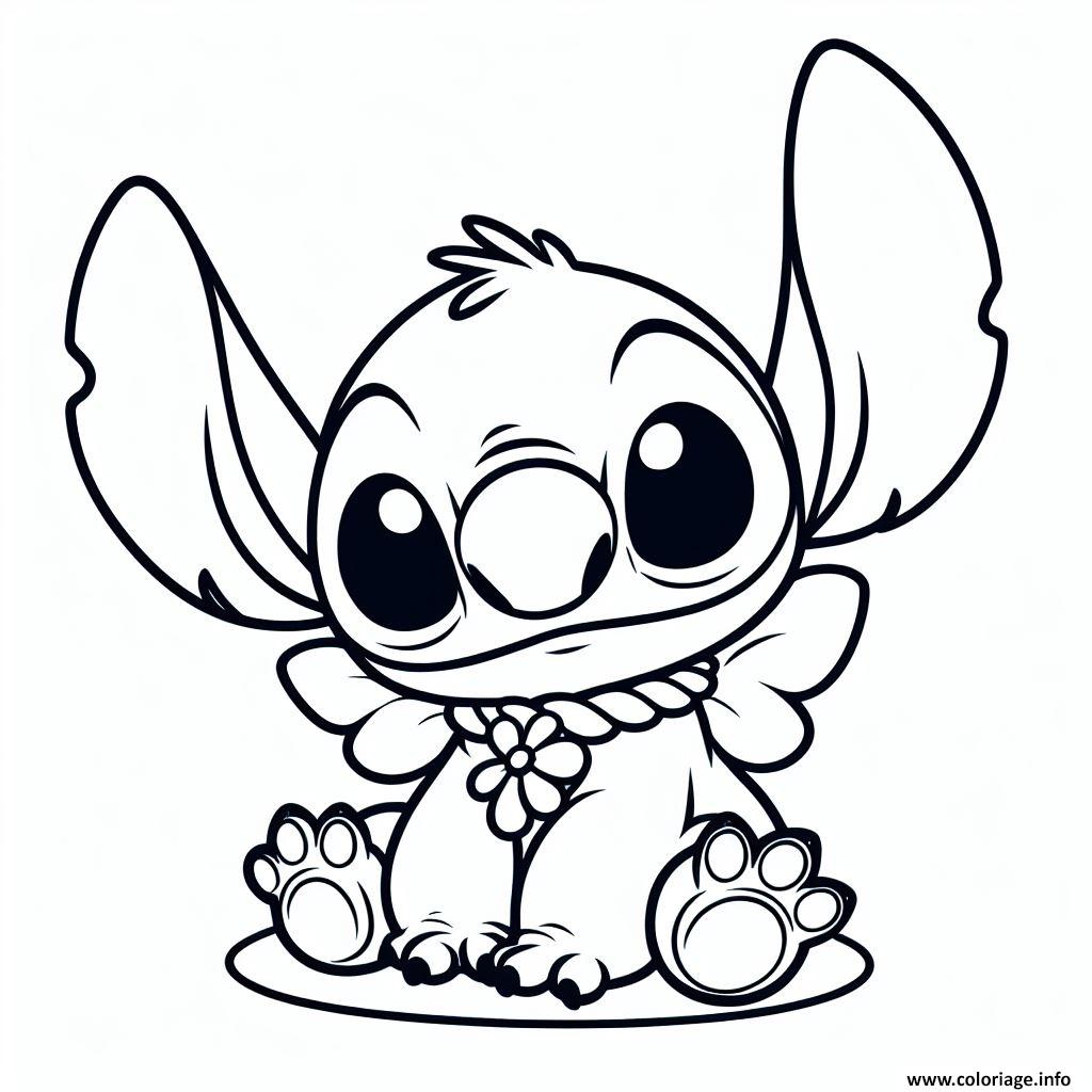 Dessin stitch mignon assis avec collier de fleurs Coloriage Gratuit à Imprimer