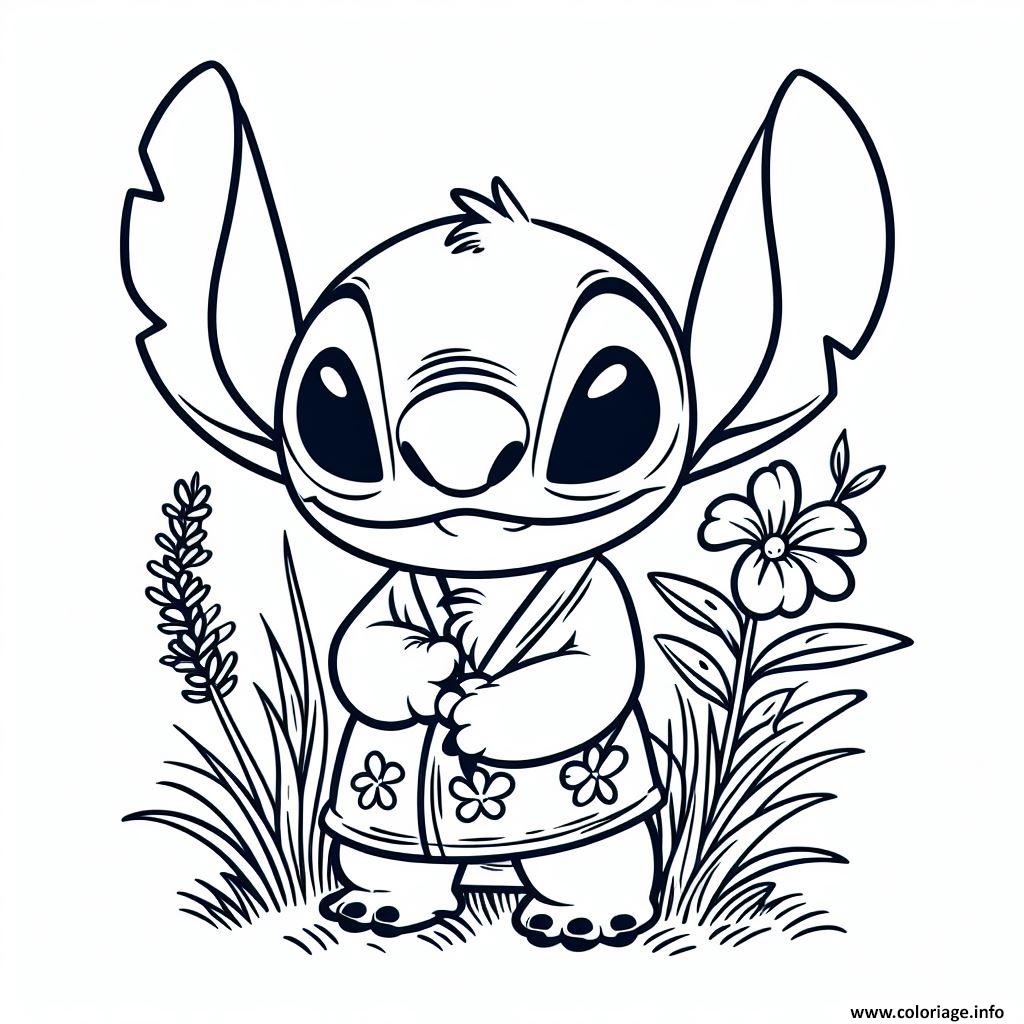 Dessin stitch mignon en kimono avec des fleurs Coloriage Gratuit à Imprimer