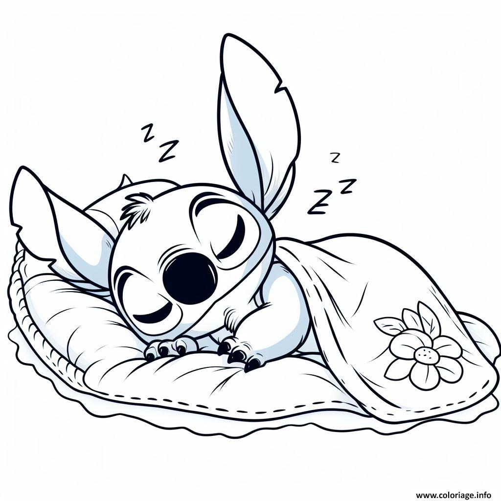 Dessin stitch dormant sur un oreiller Coloriage Gratuit à Imprimer