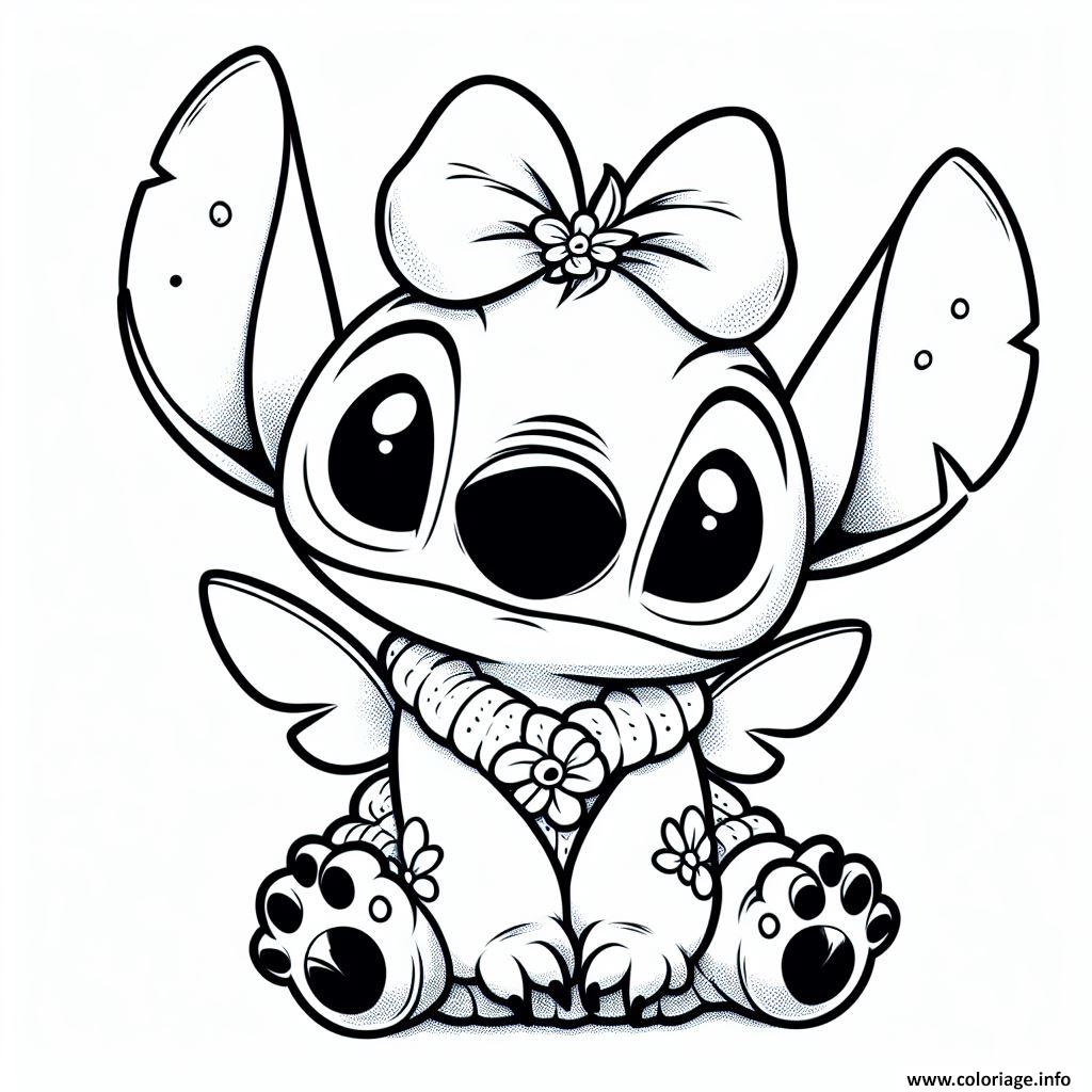 Dessin stitch mignon avec fleur sur la tete Coloriage Gratuit à Imprimer