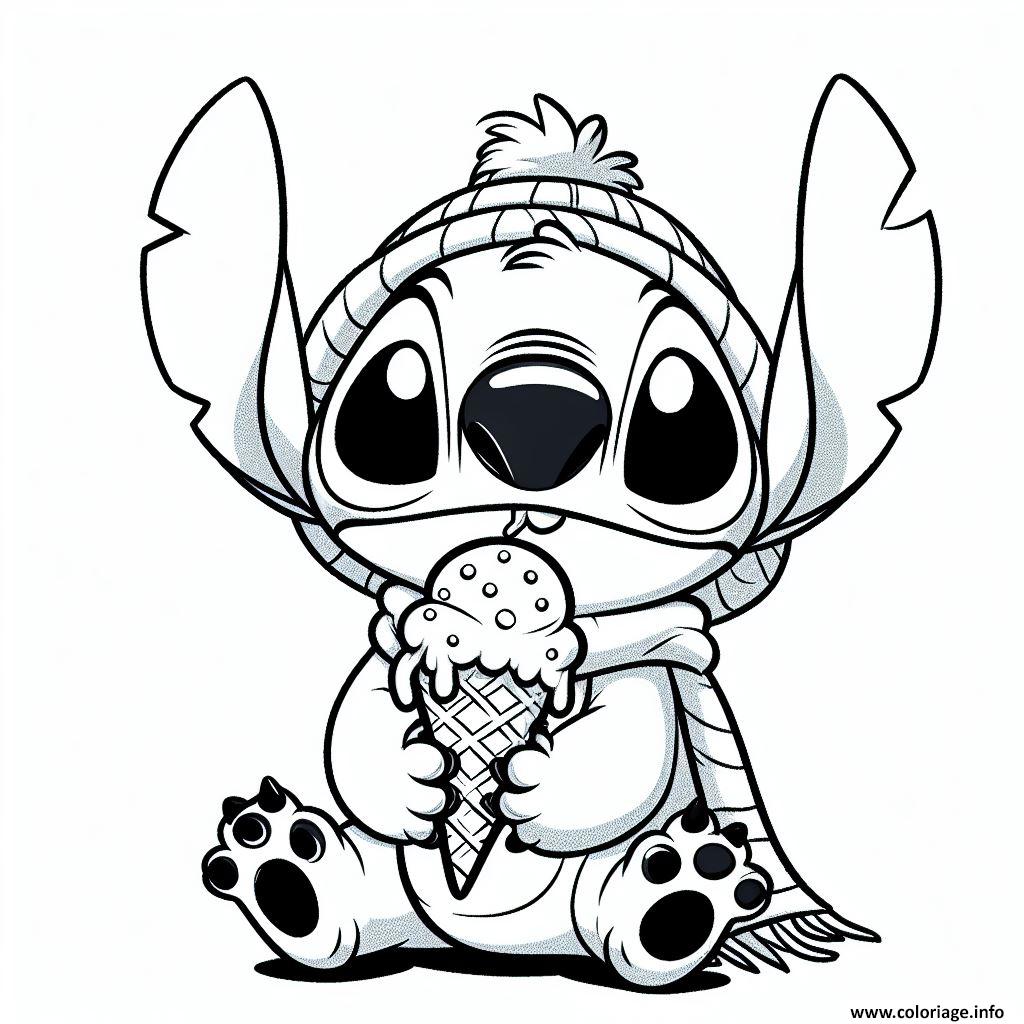 Dessin stitch mignon en hiver avec glace Coloriage Gratuit à Imprimer