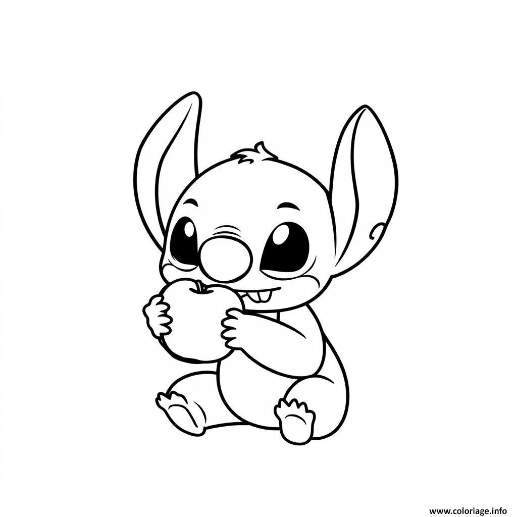 Dessin stitch mignon mangeant une pomme Coloriage Gratuit à Imprimer