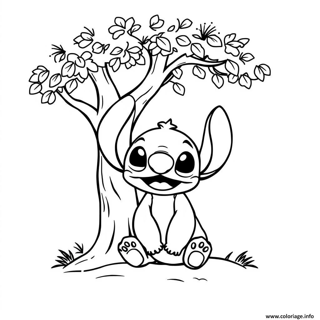 Dessin stitch mignon sous un arbre fleuri Coloriage Gratuit à Imprimer