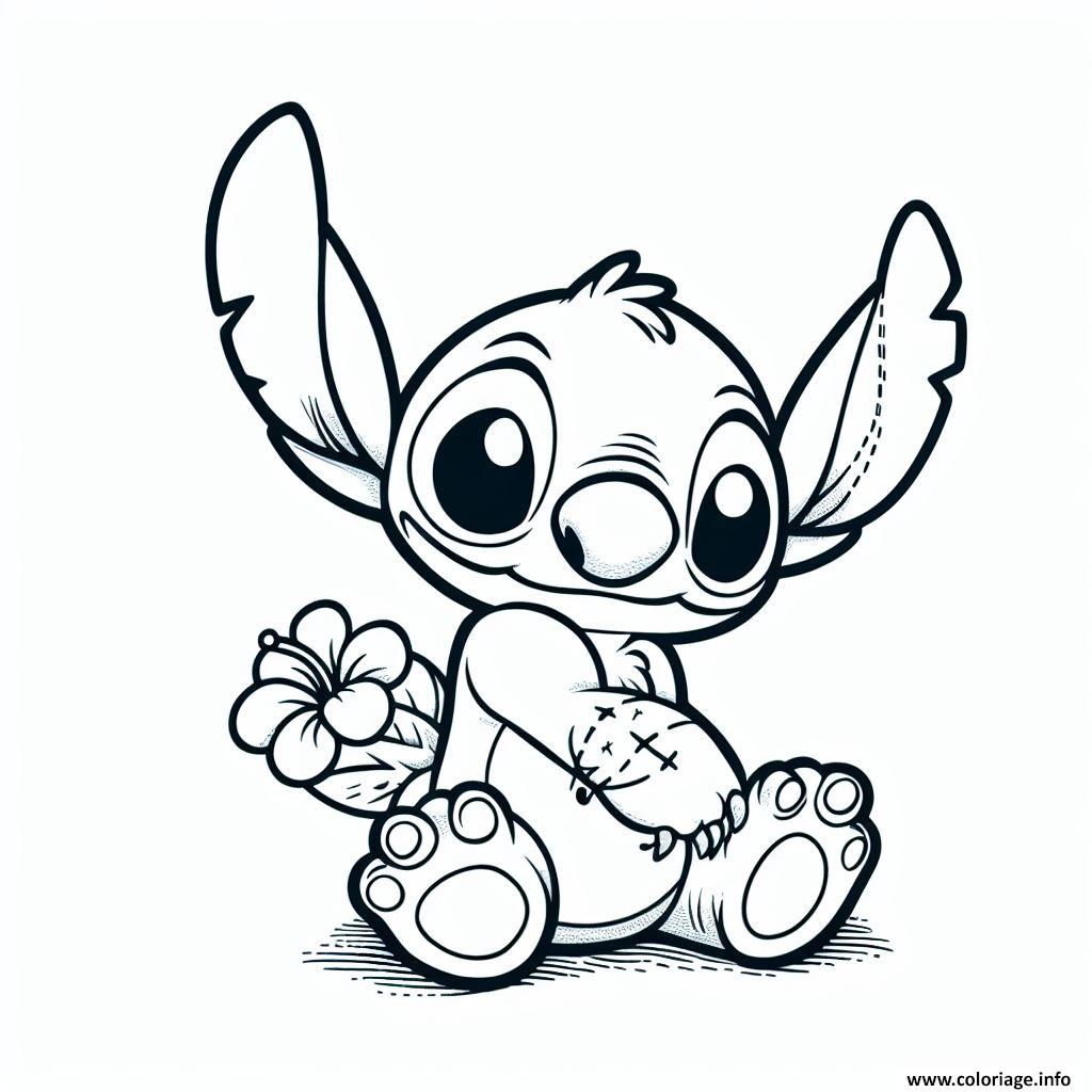 Dessin stitch tenant une fleur Coloriage Gratuit à Imprimer