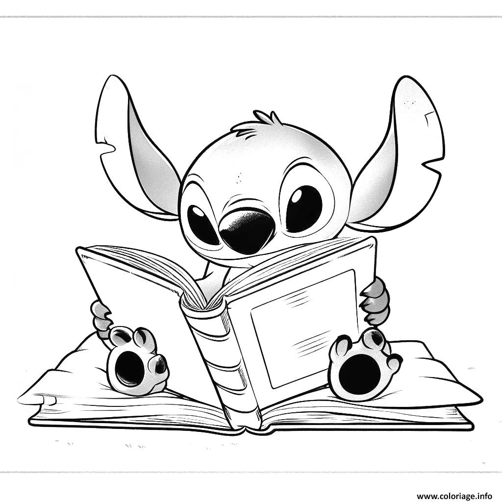 Dessin stitch mignon lecture livre image Coloriage Gratuit à Imprimer