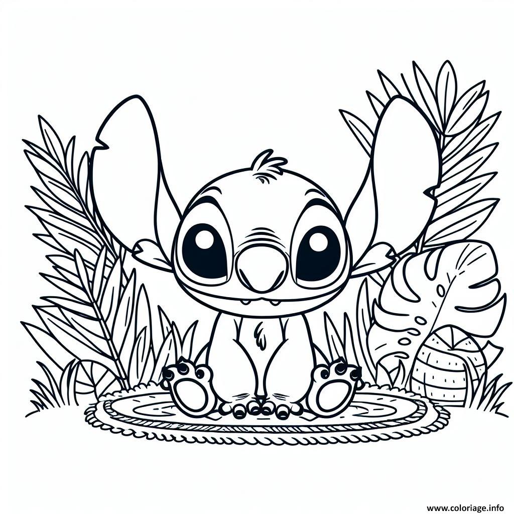 Dessin stitch assis dans un decor tropical Coloriage Gratuit à Imprimer