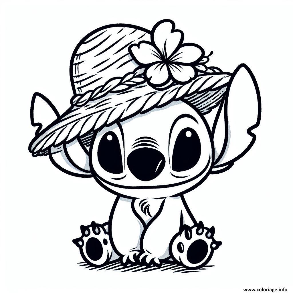 Dessin stitch avec chapeau et fleur Coloriage Gratuit à Imprimer