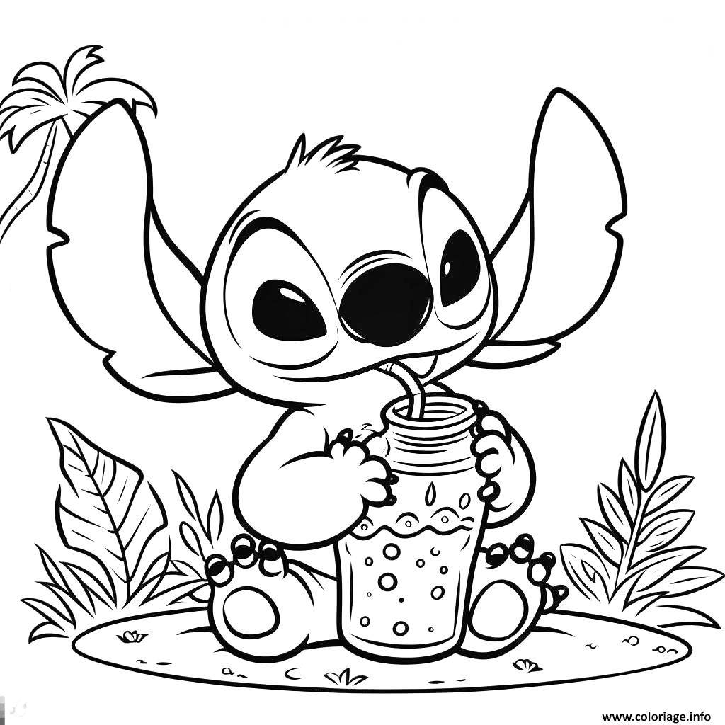 Dessin stitch boit une boisson tropicale Coloriage Gratuit à Imprimer