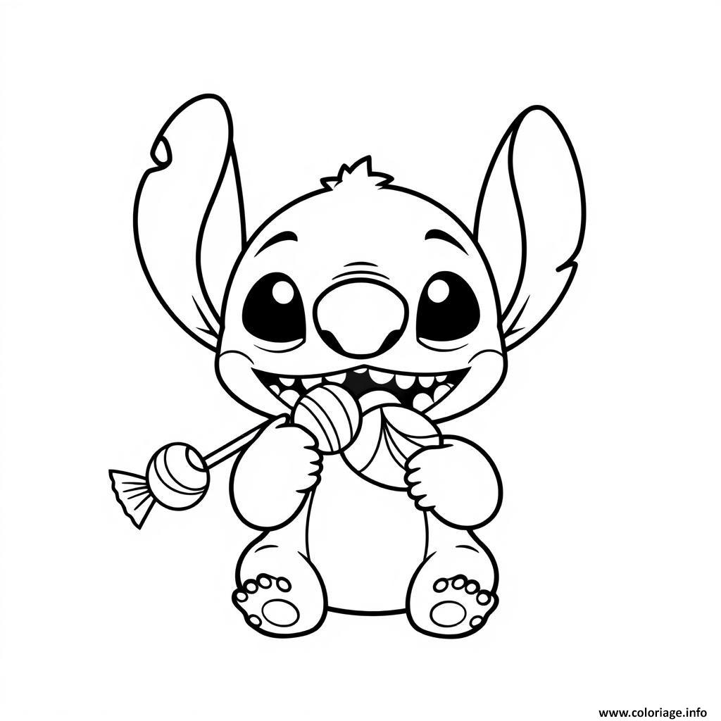 Dessin stitch mangeant une sucette Coloriage Gratuit à Imprimer