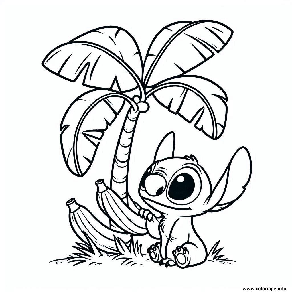 Dessin stitch sous palmier avec bananes Coloriage Gratuit à Imprimer