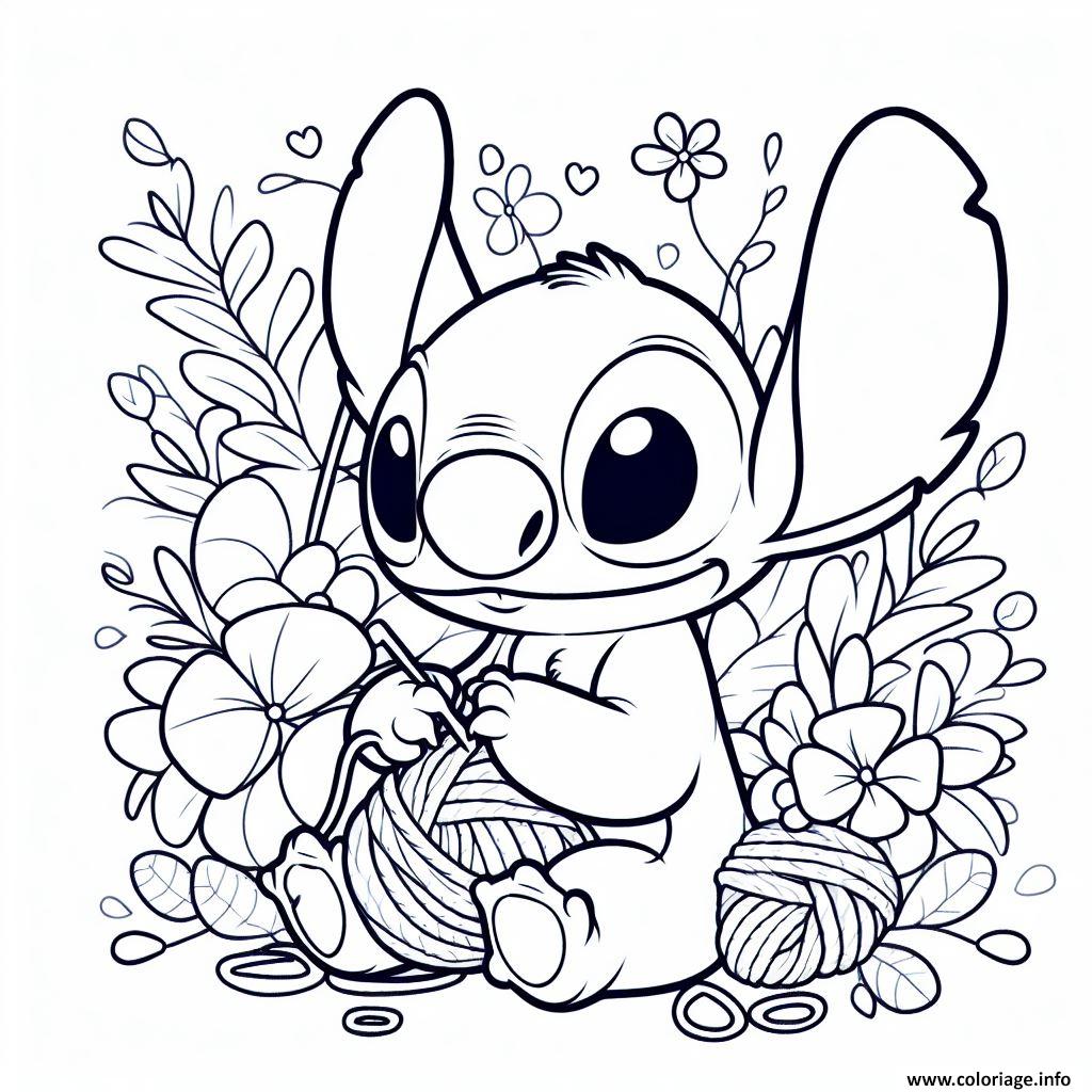 Dessin stitch en train de tricoter entoure de fleurs Coloriage Gratuit à Imprimer