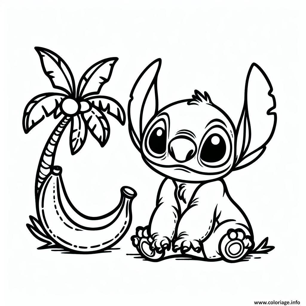 Dessin stitch mignon et palmier illustration noir et blanc Coloriage Gratuit à Imprimer