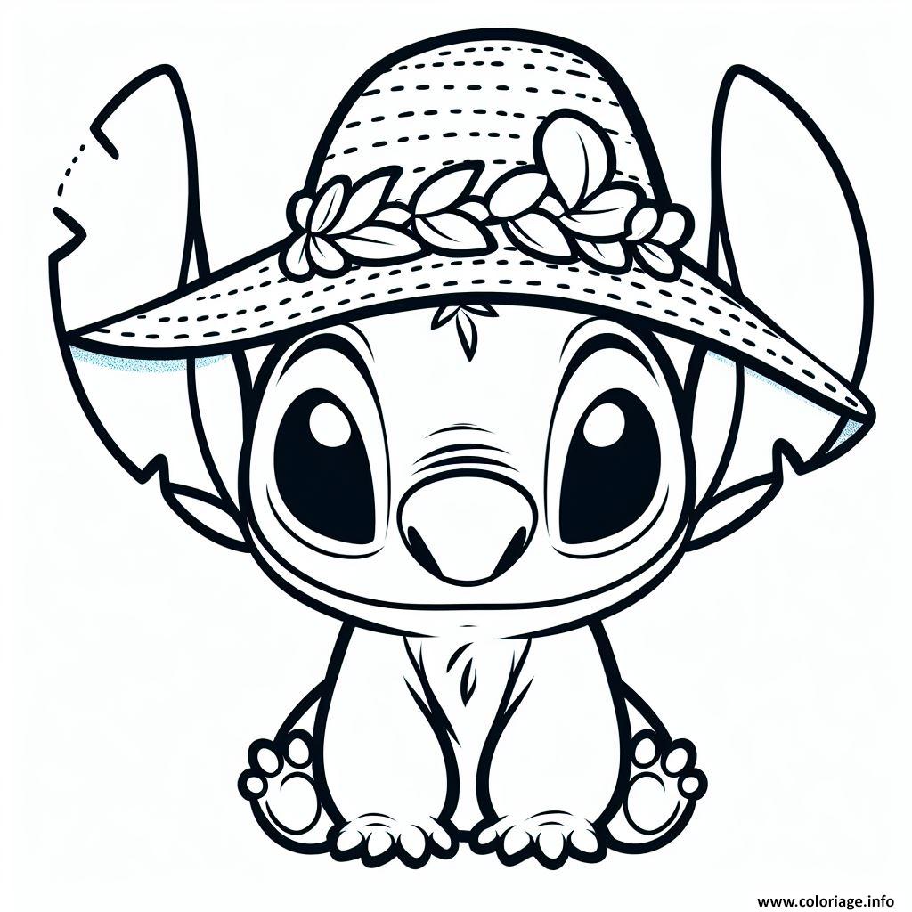 Dessin stitch mignon avec chapeau fleuri Coloriage Gratuit à Imprimer