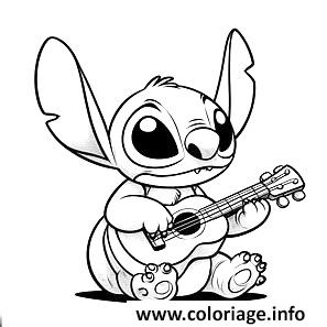 Dessin stitch mignon jouant de la guitare ukulele Coloriage Gratuit à Imprimer