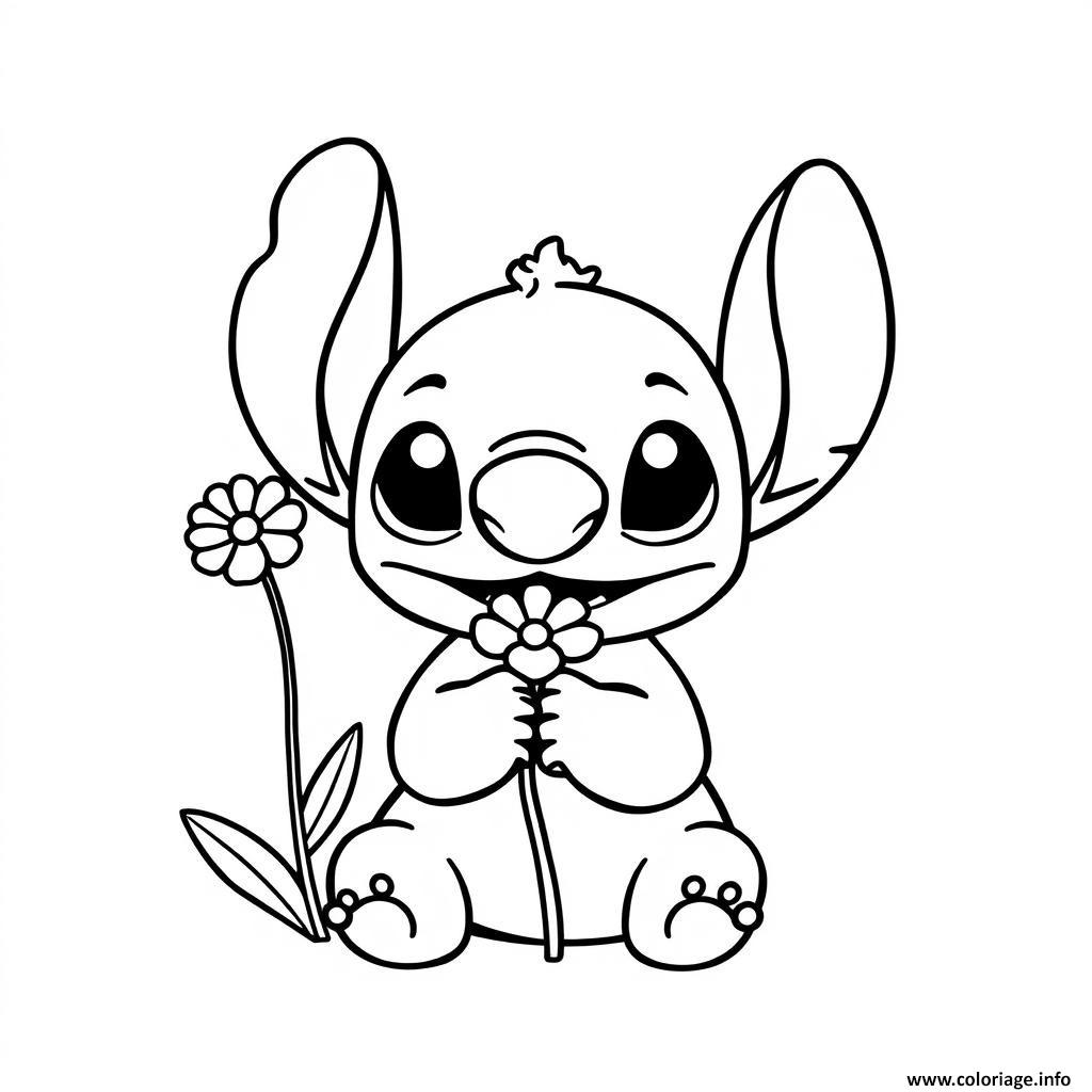 Dessin stitch ten lilo et stitch avec une fleur Coloriage Gratuit à Imprimer