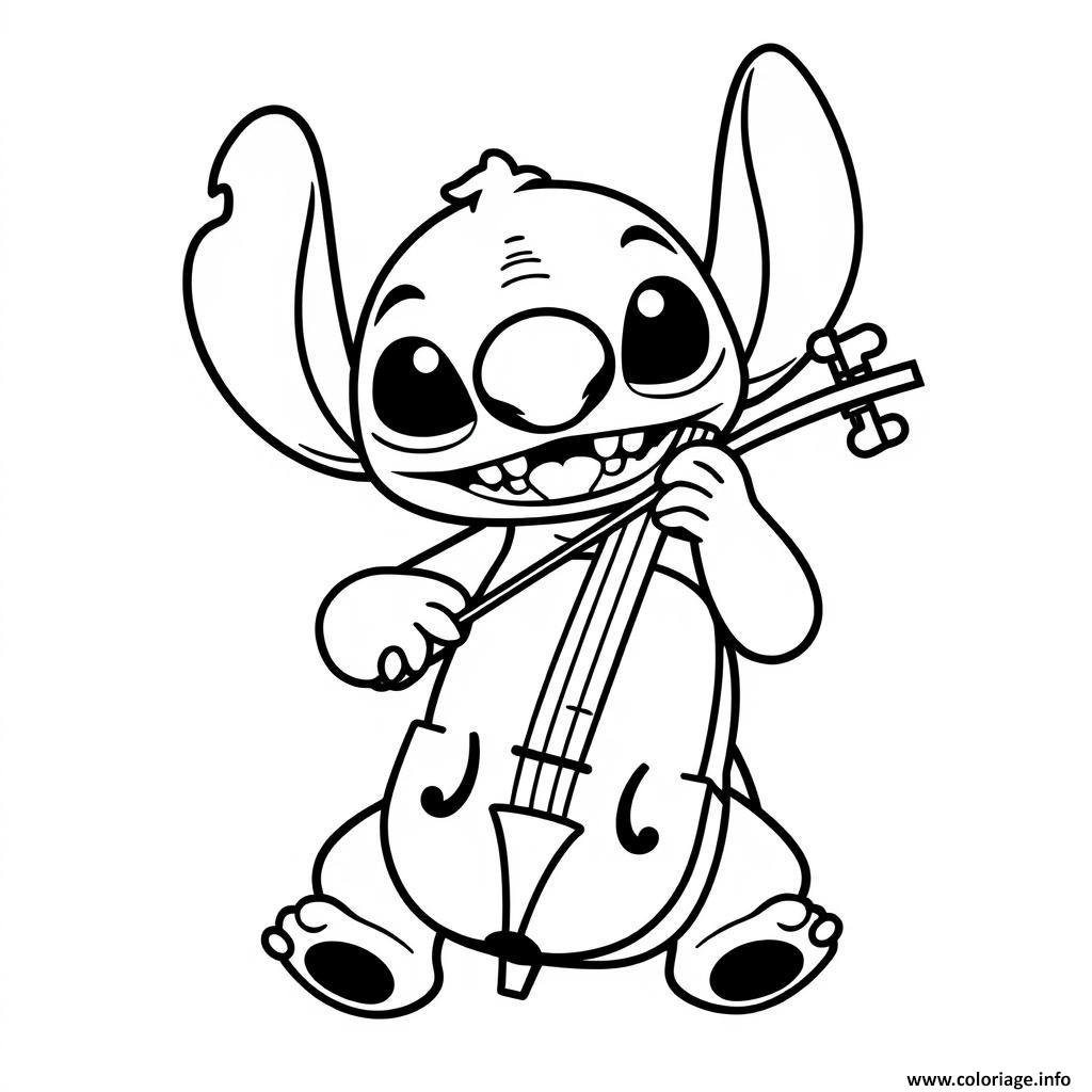 Dessin stitch mignon jouant du violoncelle Coloriage Gratuit à Imprimer