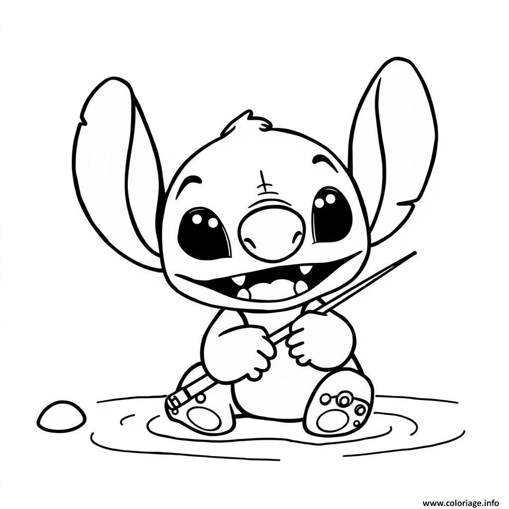 Dessin stitch jouant avec des batons Coloriage Gratuit à Imprimer