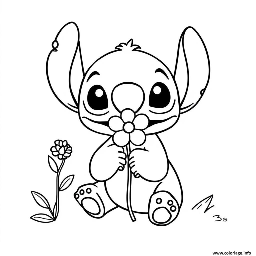 Dessin stitch sentant fleur Coloriage Gratuit à Imprimer