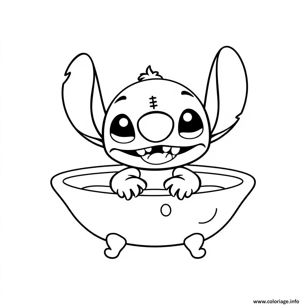 Dessin stitch dans un bain Coloriage Gratuit à Imprimer