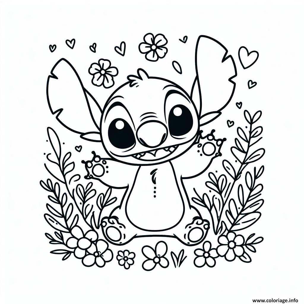 Dessin stitch mignon entoure de fleurs   illustration monochrome Coloriage Gratuit à Imprimer