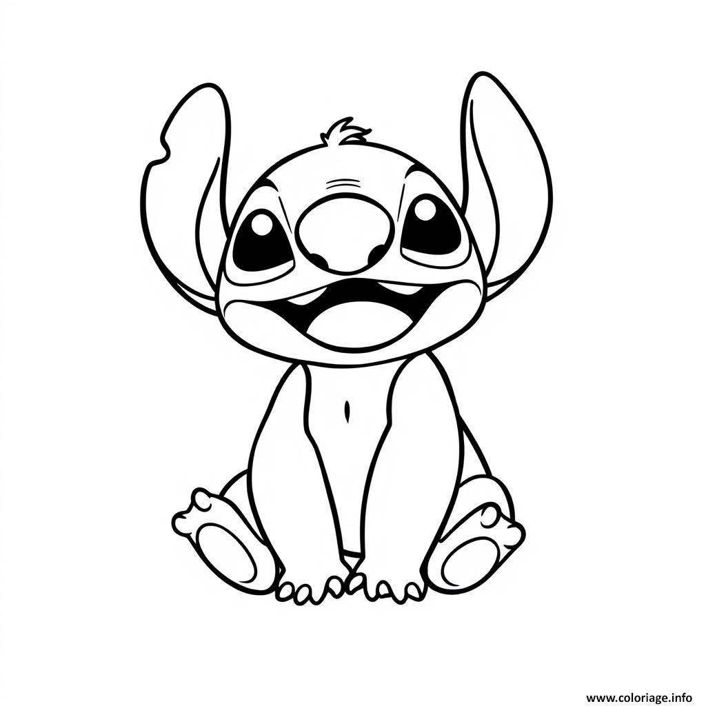 Dessin stitch mignon assis avec un grand sourire 1 Coloriage Gratuit à Imprimer