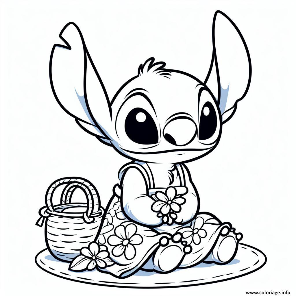 Dessin stitch avec des fleurs et un panier Coloriage Gratuit à Imprimer