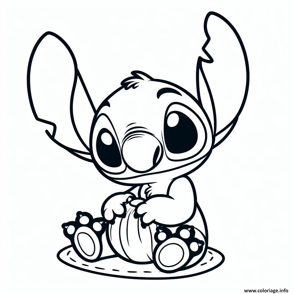 Dessin stitch mignon assis avec une feuille Coloriage Gratuit à Imprimer