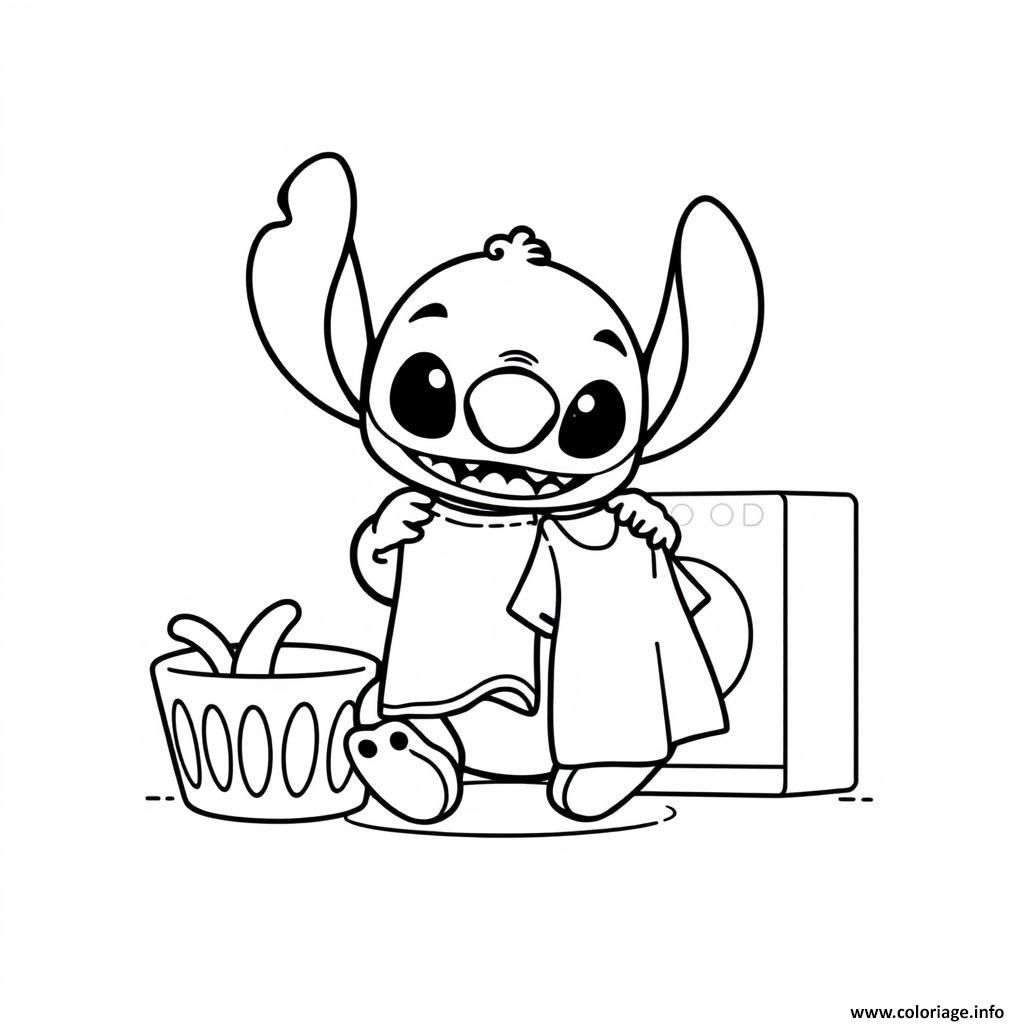 Dessin stitch avec panier et vetements Coloriage Gratuit à Imprimer