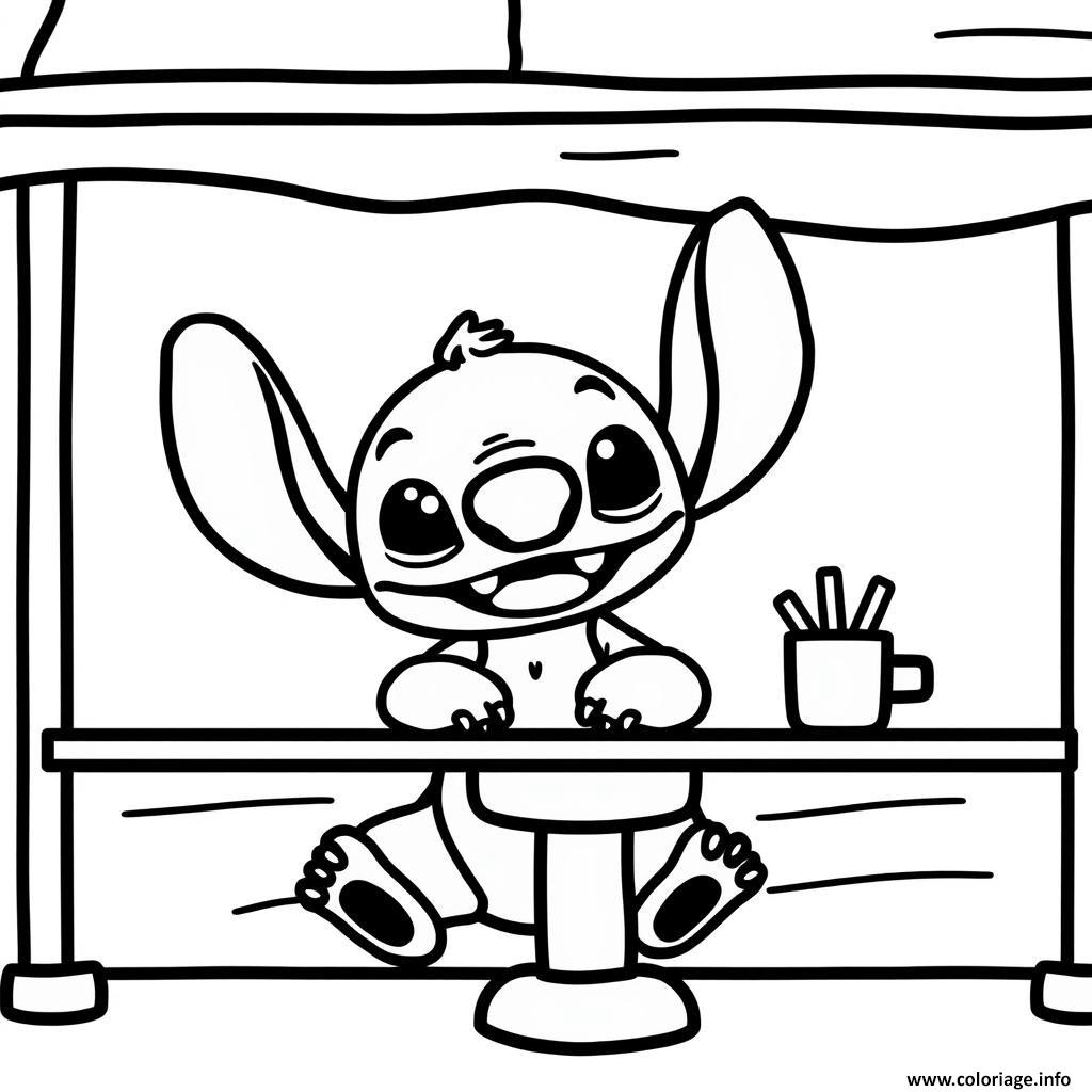 Dessin stitch mignon assis sous table Coloriage Gratuit à Imprimer