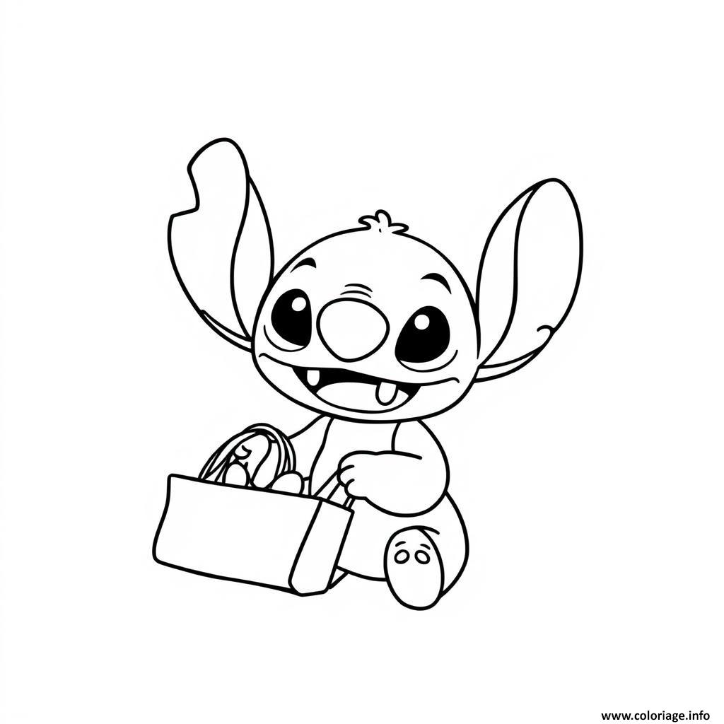 Dessin stitch mignon avec panier Coloriage Gratuit à Imprimer