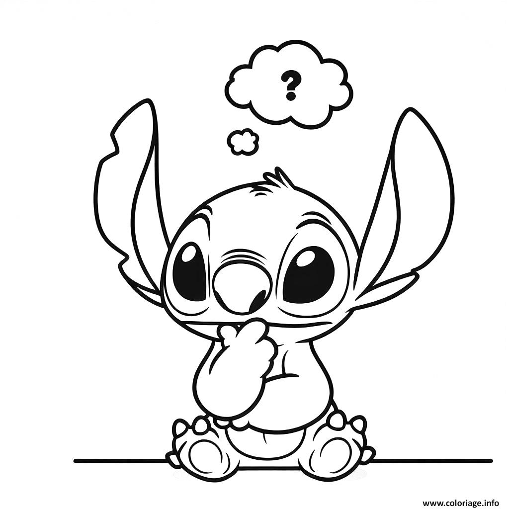 Dessin stitch mignon pensant avec bulle de question Coloriage Gratuit à Imprimer