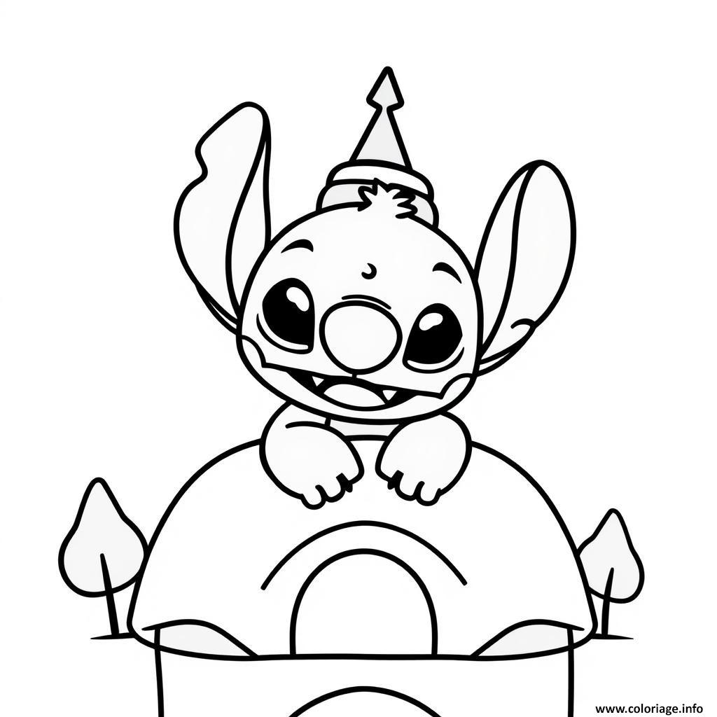 Dessin stitch mignon portant chapeau anniversaire Coloriage Gratuit à Imprimer